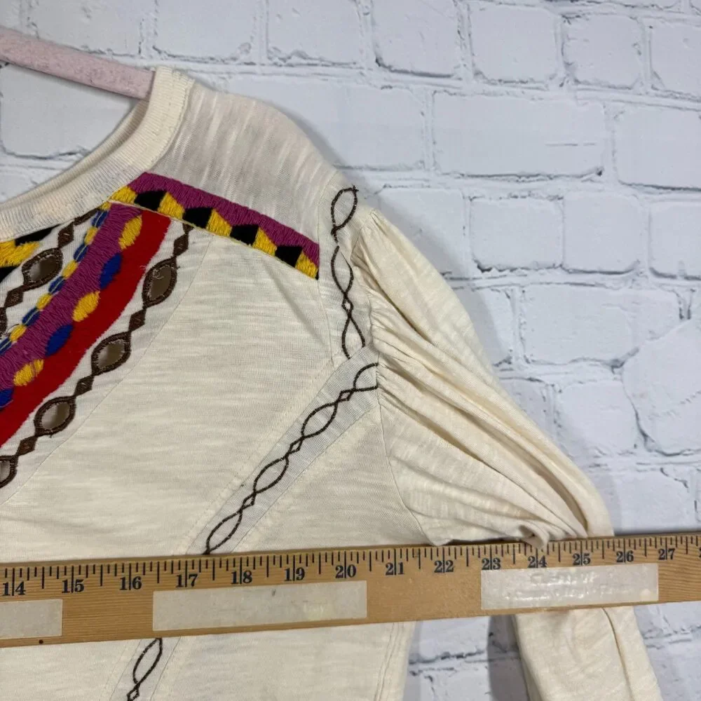 Free People Blouse Womens Small Ivory Embroidered Boho Balloon Sleeve Crop Top